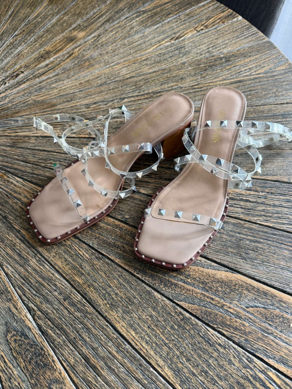 Studded Clear-Strap Women’s Sandals in Nude